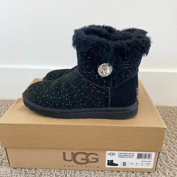 UGG Mini Bailey Button Crystal Bling Constellation Boots Black Size 5 - Picture 8 of 9
